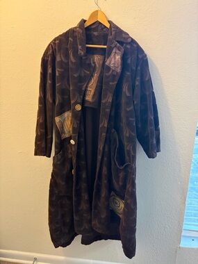 Wms VTG Blue Fish 94Patched Wool Falling Snow Coat Floral Vase Plum Wine Sz 0/S